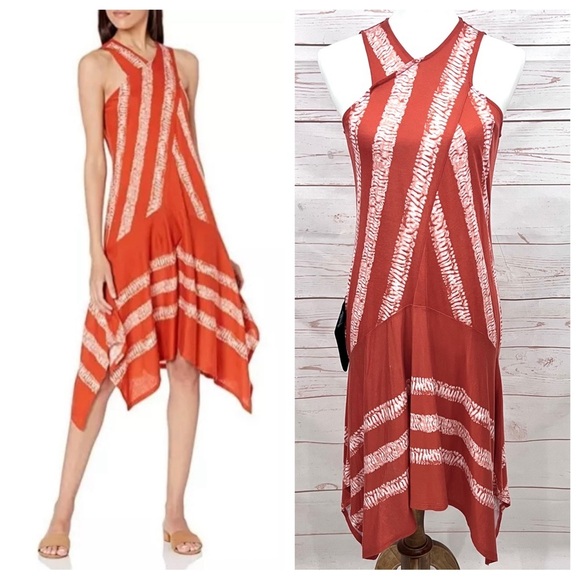 NWT Bcbg Maxazria Coral Tie Dye Striped Cross Neck Halter Asymmetrical Hem Dress - Picture 1 of 13